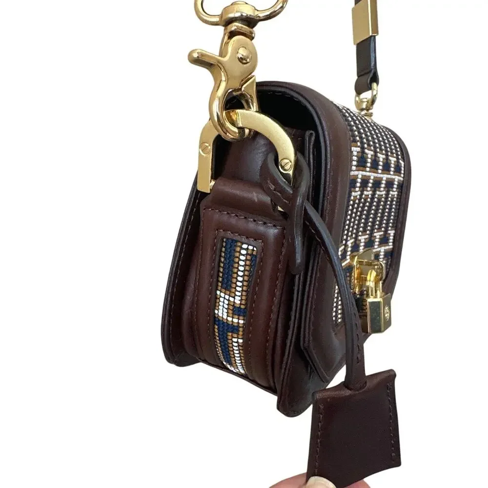 Tory Burch Mini Crossbody Navy Brown Logo Jacquard‎ Lock Bag